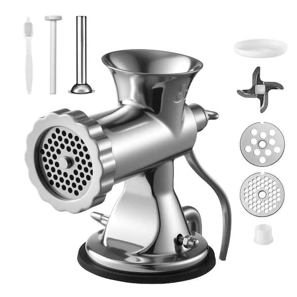 Manual Meat Grinder, 304 Stainless Steel, with Table Clamp and Multiple Attachments, Sliver
