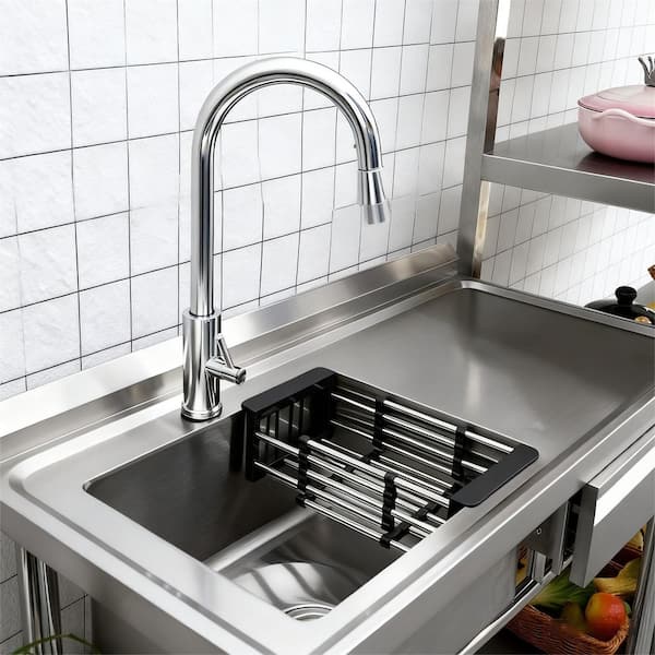 39 in. Freestanding 1-Compartment Commercial Kitchen Sink in Stainless Steel with Faucet