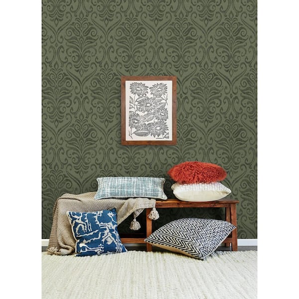 Adavu Dark Green Damask Wallpaper Sample