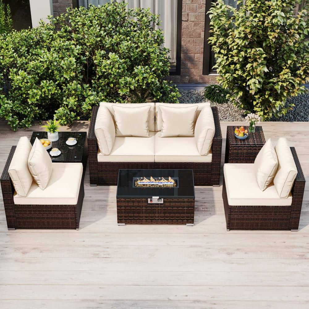 7 PCS Patio Furniture Set 40,000 BTU Gas Fire Pit Table Propane Tank Cover Table Mix Brown + Black price history on PriceWatchPro