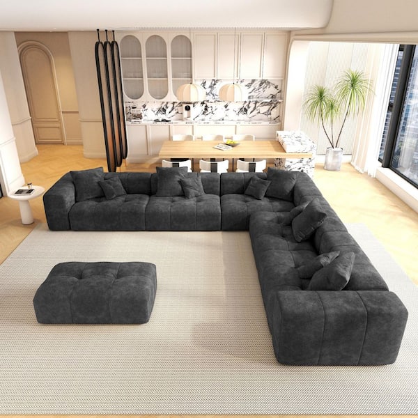 J&E Home Oversized 144.17 in. 6-Piece Linen Sectional Sofa L-Shaped Free Combination Living Room Set with Ottoman in. Black JE-MV127BK-CZ+1