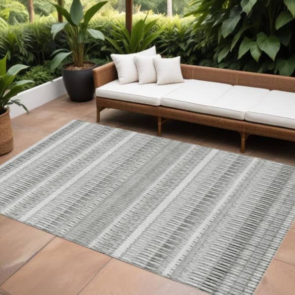 Ivory, Gray, Taupe 10 ft. x 14 ft. Woven Striped Polyester Rectangle Indoor / Outdoor Area Rug