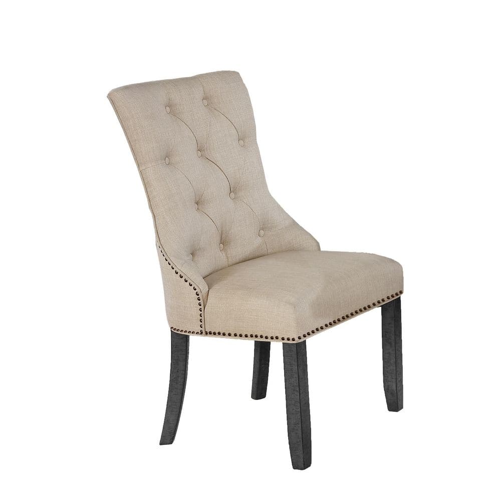 Dark Gray Wood Extendable Dining Set with Beige Linen Chairs