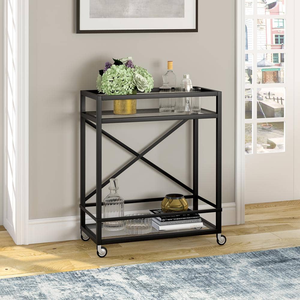 Modern Blackened Bronze Metal Bar Cart with Glass Shelves
