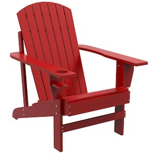 Rustic Red Wood Flair Adirondack Chair with Cup Holder, 7-Slats Panel High-Rise Backrest and 2-Wide Armrests