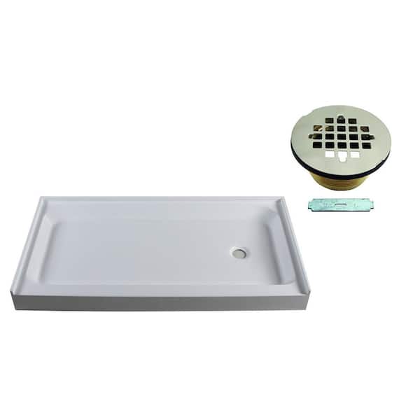 60 in. x 34 in. Single Threshold Alcove Shower Pan Base with Right Hand Brass Drain in Satin Nickel
