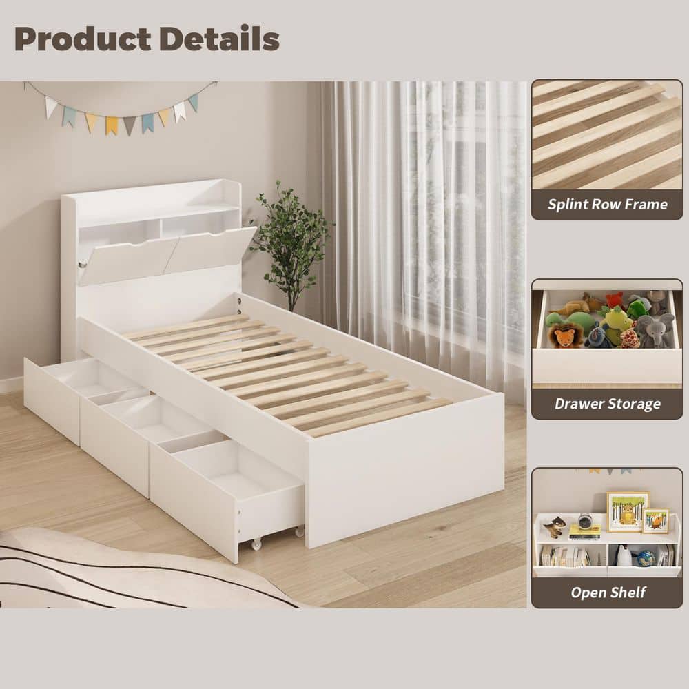 White Wood Frame Twin Bed Platform Bed Storage Bed with 3-Wheels Drawers and Headboard - thumbnail 5