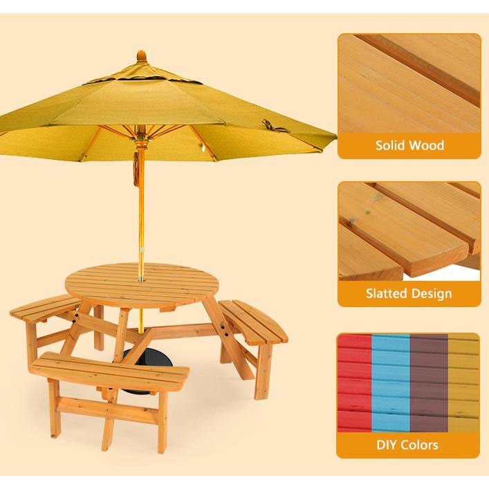 Natural Wood 6-Person Circular Picnic Table with Benches
