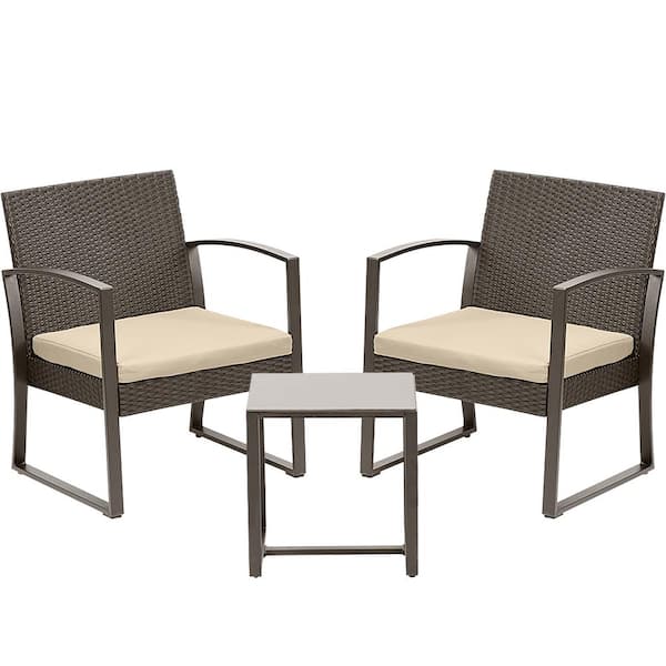 Aoodor 3-Piece Wicker Patio Conversation Set Coffee Table and 2 Rattan Chair with Beige Cushions