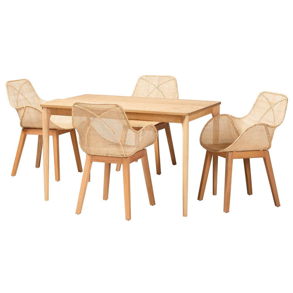 Natural Brown Mahogany Wood and Rattan 5-Piece Dining Set