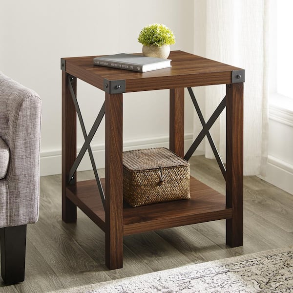 Walker Edison Furniture Company Urban Industrial 18 in. Dark Walnut Square Metal X Accent Side Table with Lower Shelf