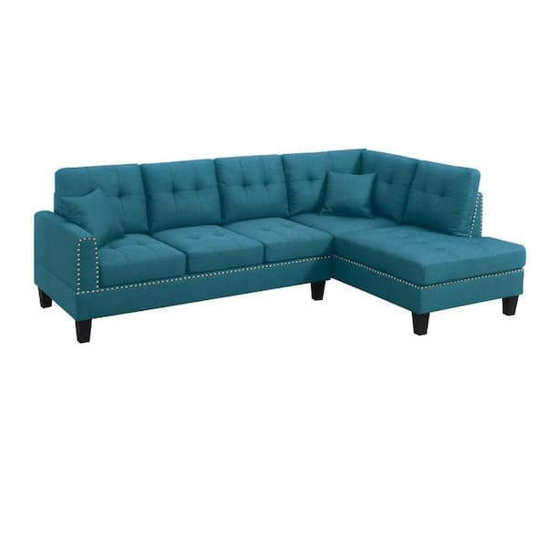 Ena 66 in. Round Arm 2-Piece Linen L-Shaped Sectional Sofa in. Azure Green and Black