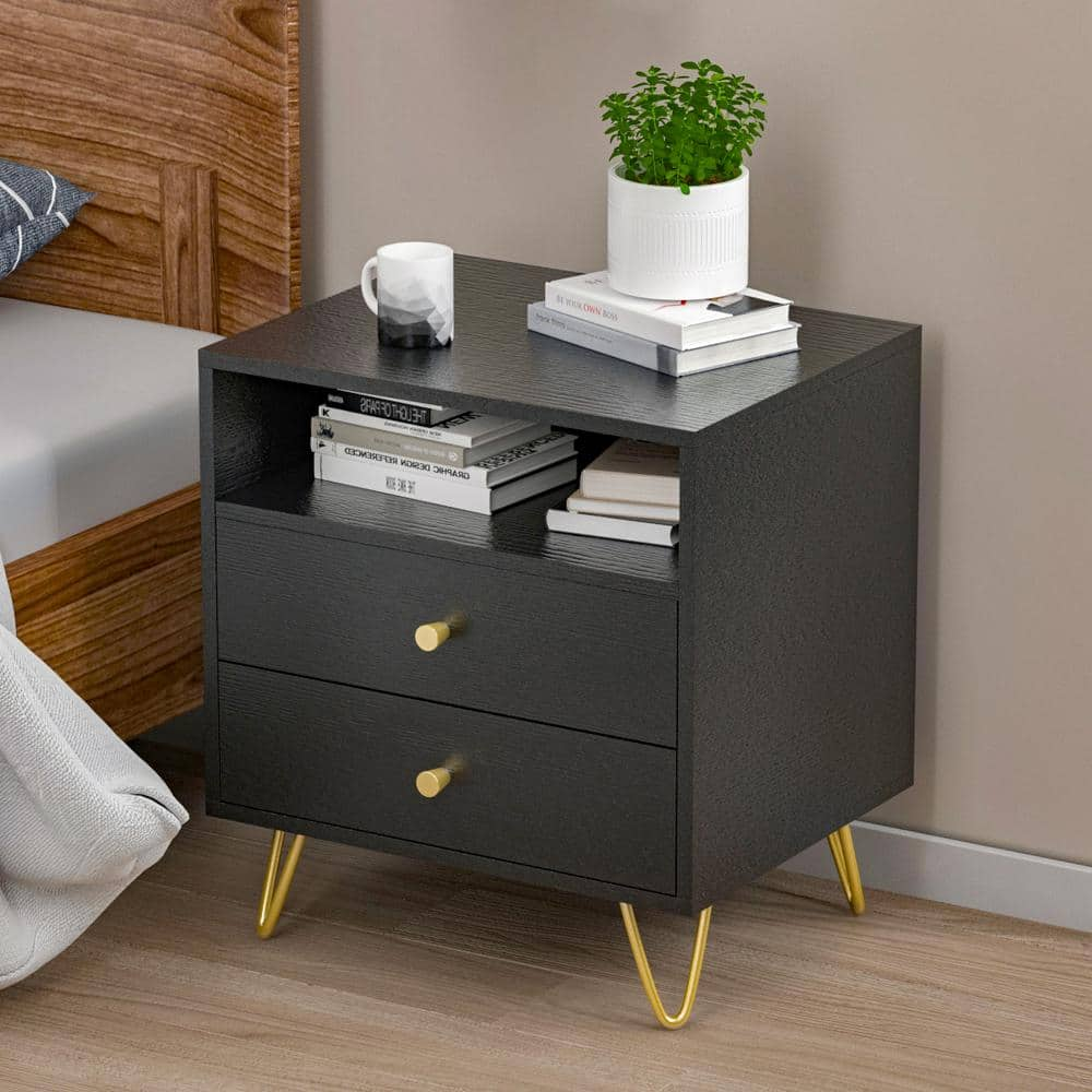 FUFU&GAGA 2-Drawer Black Nightstands With Metal Legs and Shelf Side ...