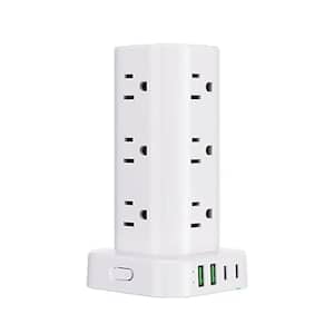 12-Outlet Wireless Charging Power Strip Tower Surge Protector with 10 ft. Flat Plug Cord and 4 USB Ports, White