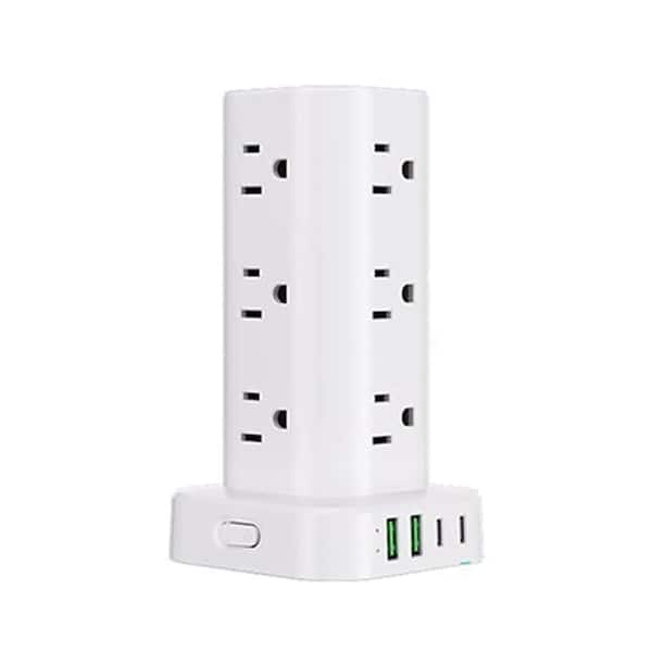 Lukyamzn 12-Outlet Wireless Charging Power Strip Tower Surge Protector with 10 ft. Flat Plug Cord and 4 USB Ports, White