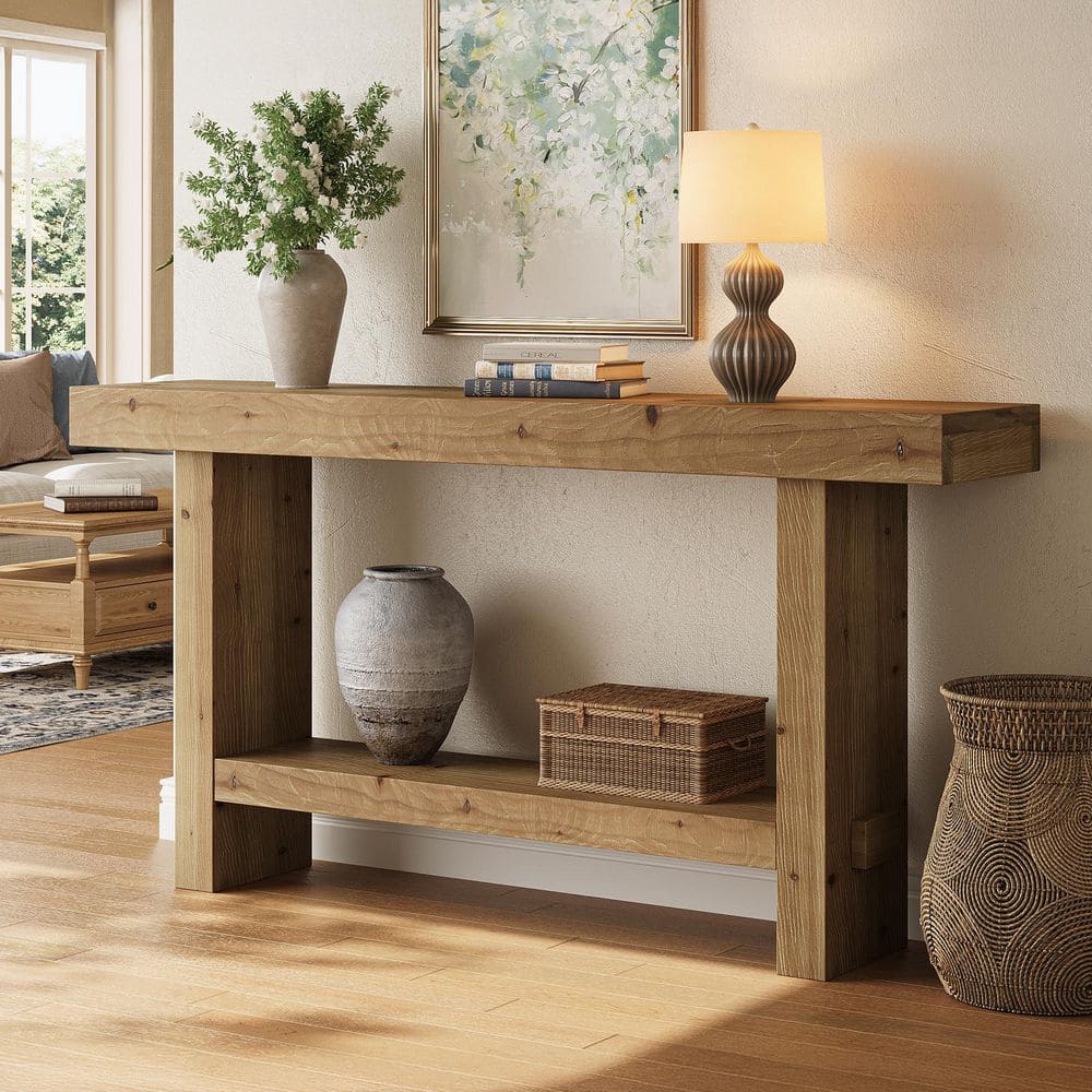 63 in. Natural Wood Rectangle Solid Wood Console Table for Entryway, Long Sofa Table with Storage for Living Room