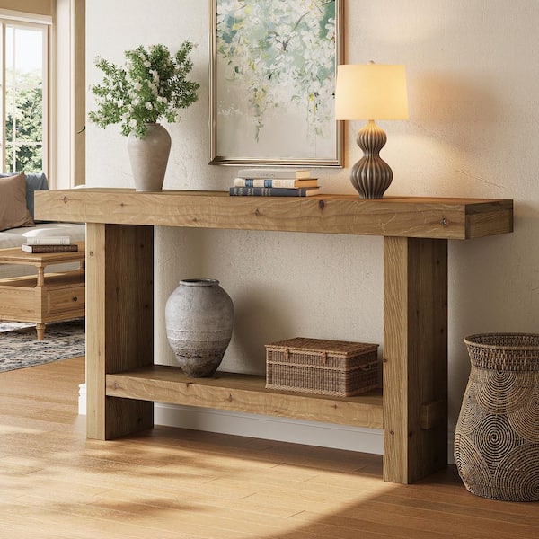 63 in. Natural Wood Rectangle Solid Wood Console Table for Entryway, Long Sofa Table with Storage for Living Room