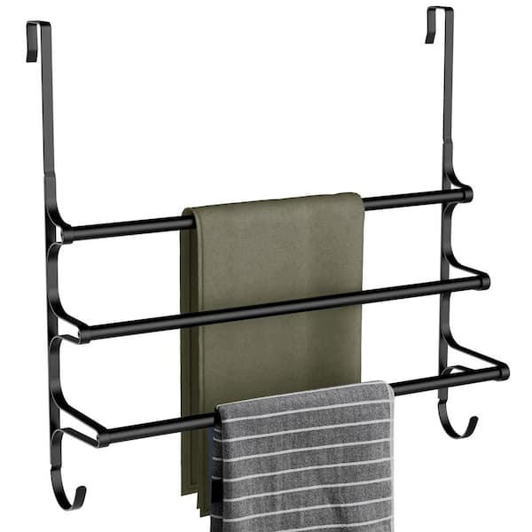 24.2 in. L 3-Bar Over The Door Towel Rack in Matte Black, Triple Towel Storage Holder with Hooks for Bathroom