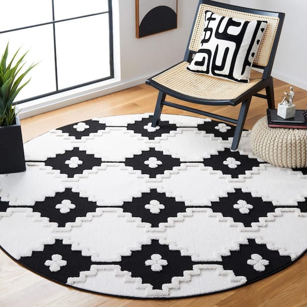 Marrakesh 7 ft. x 7 ft. Ivory/Anthracite Geometric Diamond High-Low Round Area Rug