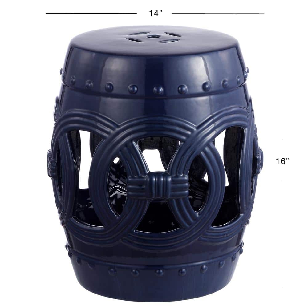 Navy Blue Ceramic Drum Garden Stool with Lucky Coin Design