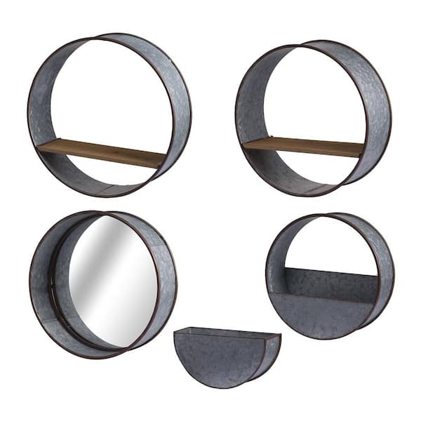ITOPFOX 5-Piece Gray Round Metal Wall Planter with 1 Large,1 Small,Mirror Back Planter,Deep Pocket Planter and Half Moon Planter