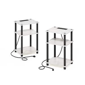 13.39 in. Marble White/Black Rectangle Wood End Table with USB and Type-C Charging Port Set of 2