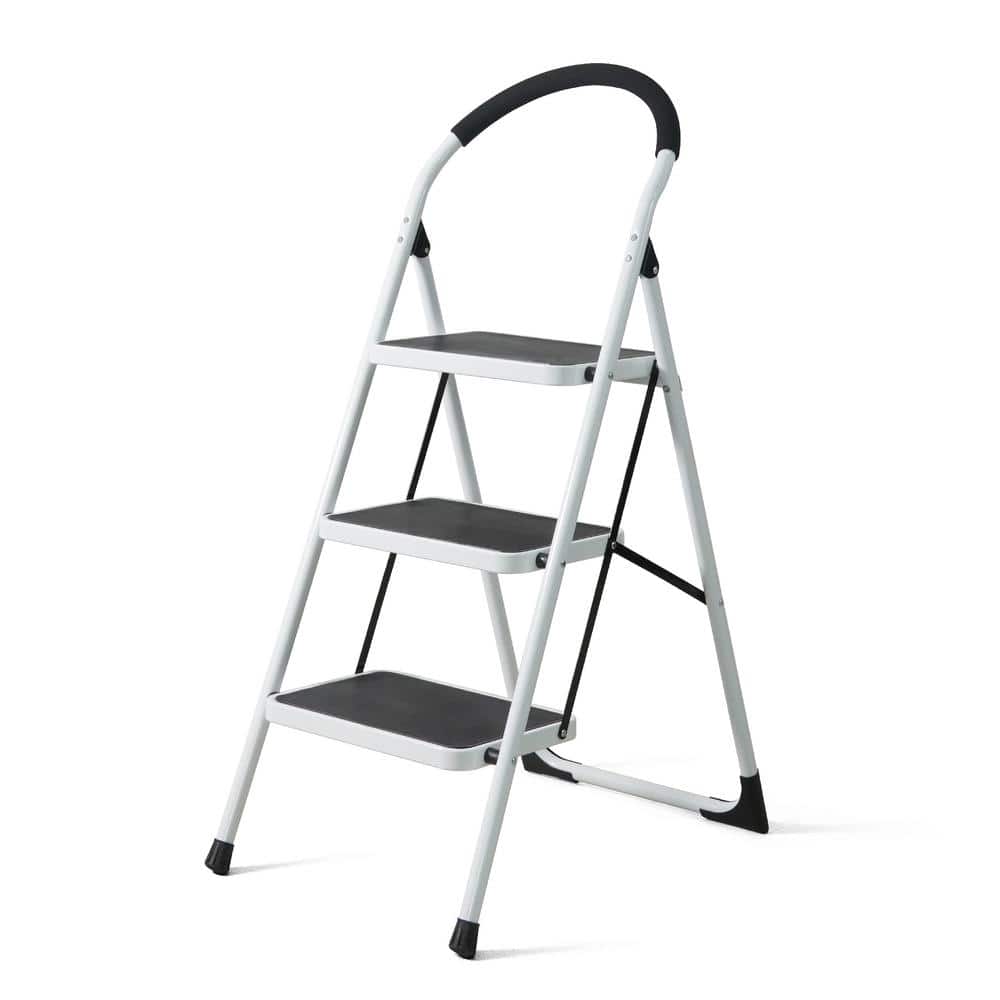 White 3-Step Folding Metal Step Stool with Hand Grip