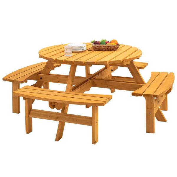 Unbranded 70 in. Natural Outdoor Circular Fir Wood Picnic Table Seats 8-People with Umbrella Hole for Patio, Backyard, Garden