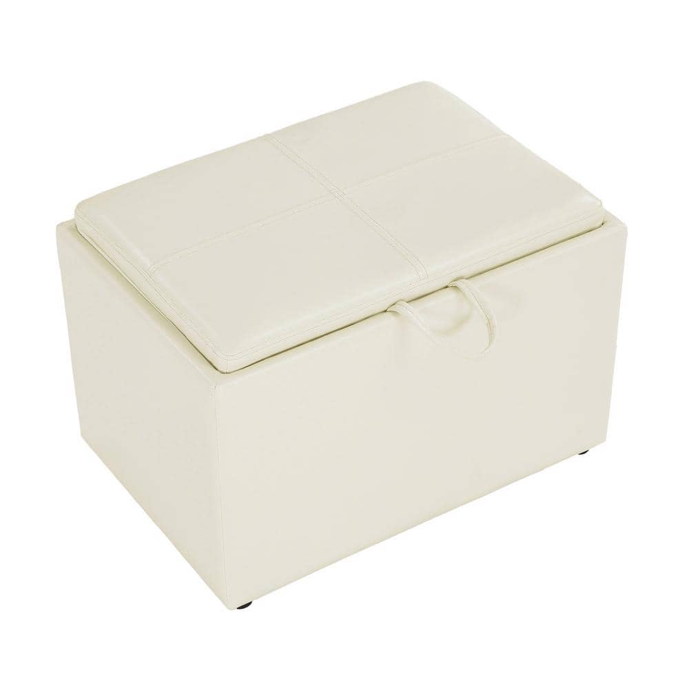Ivory Faux Leather 23" Multifunctional Storage Ottoman with Reversible Tray