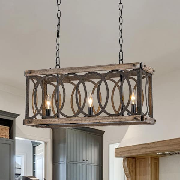 HUOKU Vivacity 3-Light 22.8 in.W Distressed Black and Wood Chandelier Vintage Rectangular Geometric Pendant Light for Kitchen
