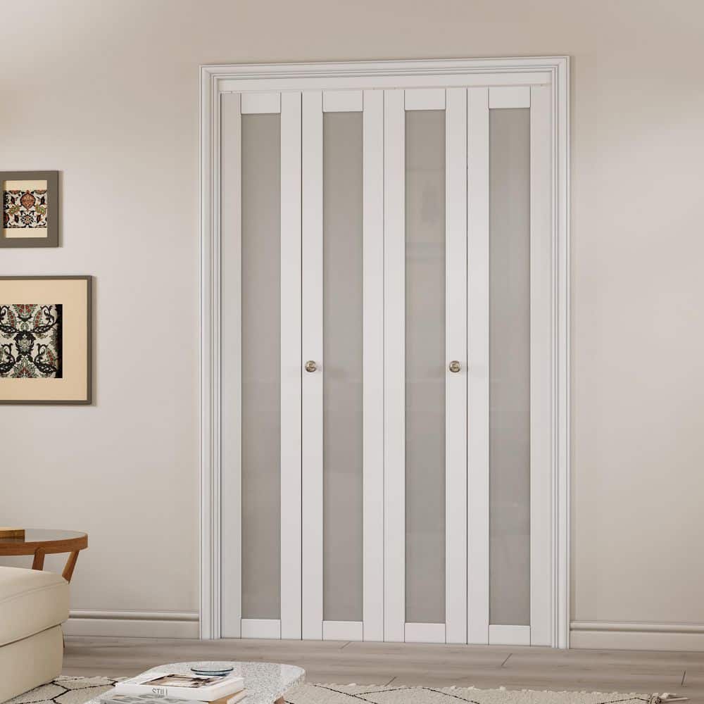 48 in. x 80 in. Solid Core White Bi-Fold Door with Frosted Glass