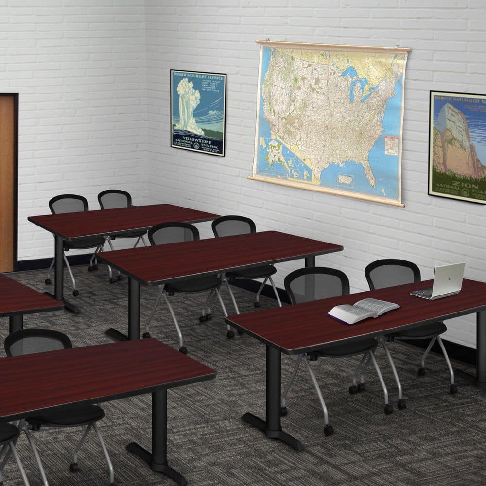 Cain 72 in x 24 in. Mahogany T-Base Training Seminar Table Desk and 2 Cadence Nesting Chairs