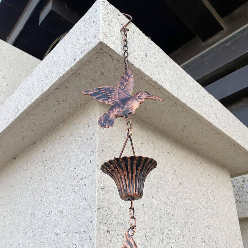 8.5 ft Antique Copper Hummingbird and Flower Metal Rain Chain