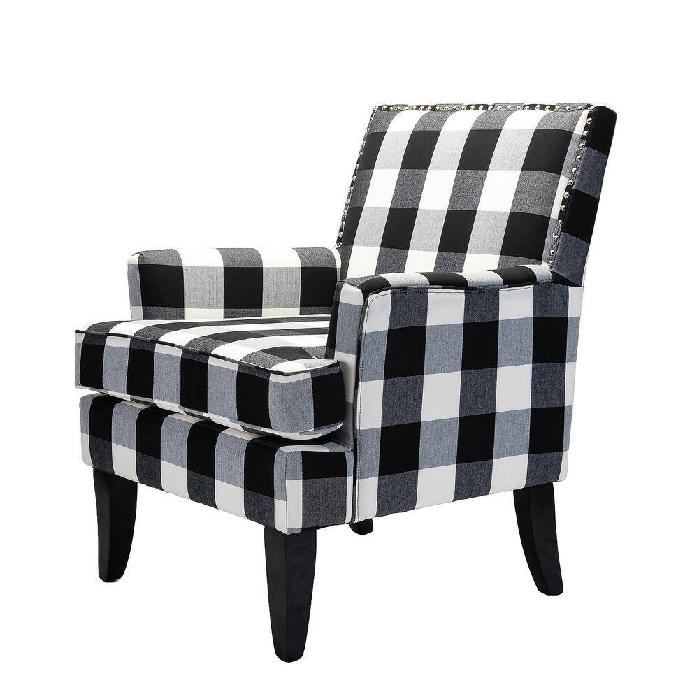 Classic Black Buffalo Plaid Armchair with Nailhead Trim