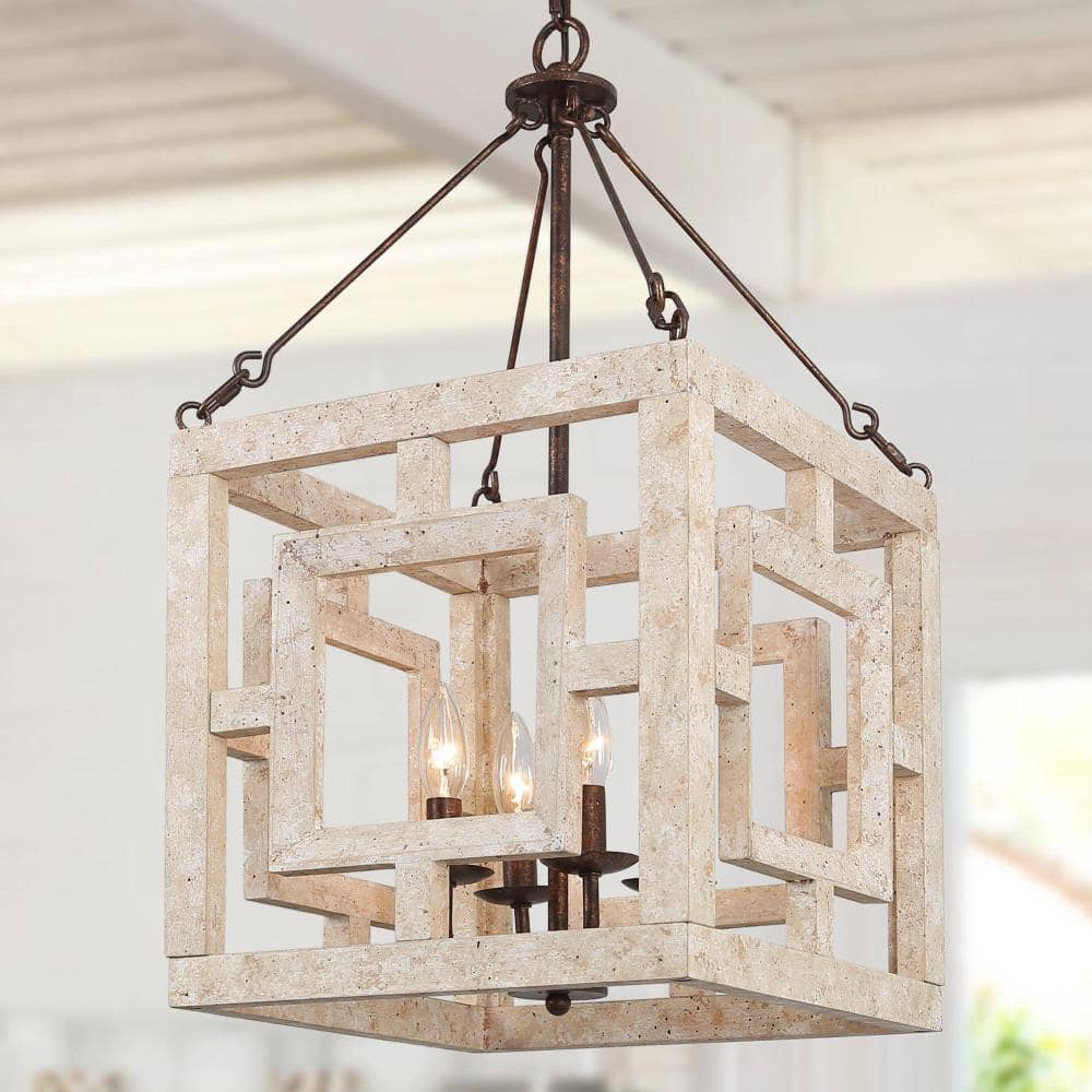 Farmhouse 40-Watt 4-Light Weathered White Wood Square Cage Pendant Light with Brown Candlesticks price history on PriceWatchPro