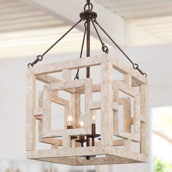 Farmhouse 40-Watt 4-Light Weathered White Wood Square Cage Pendant Light with Brown Candlesticks