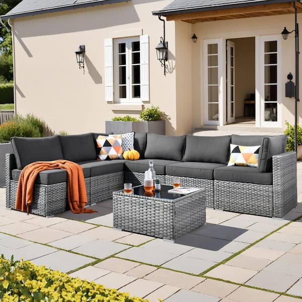 Daffodil D Gray 7-Piece Wicker Patio Conversation Sofa Set with Black Cushions