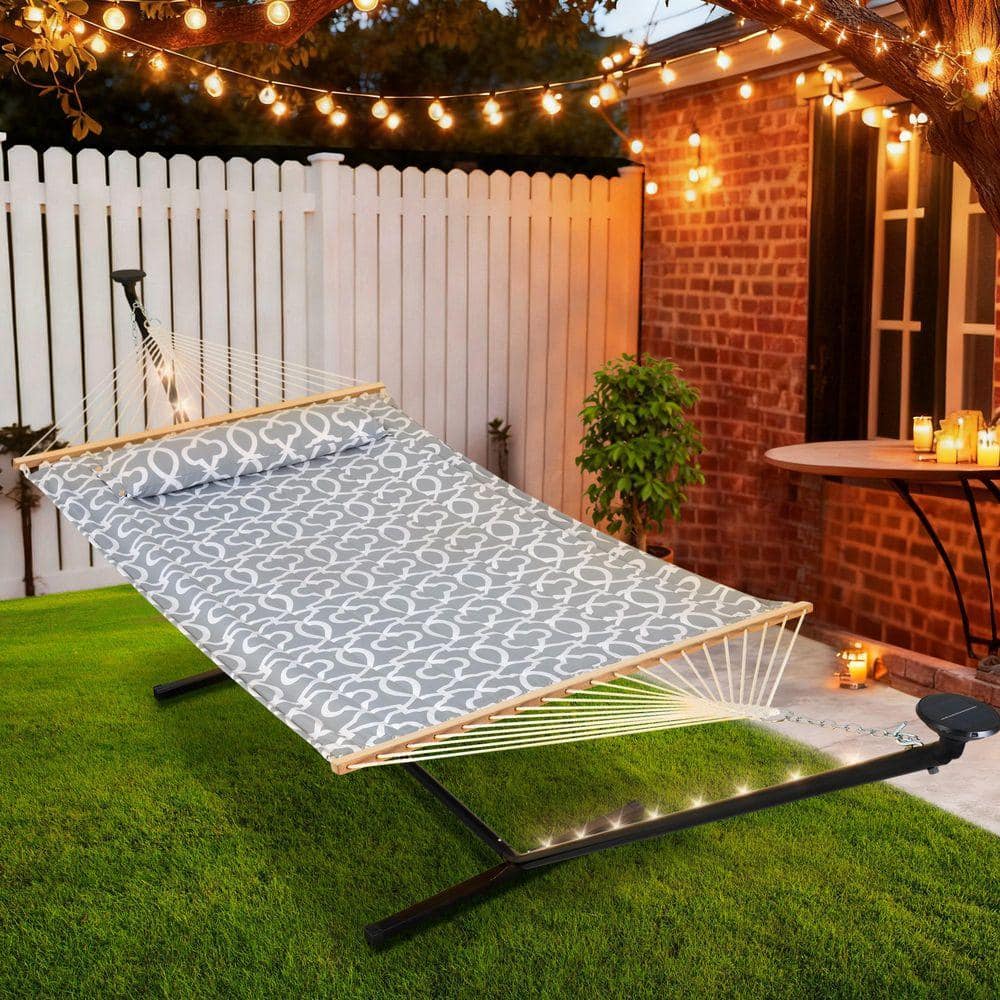 Atesun 12 ft. Portable Heavy-Duty Hammock with Stand and Detachable Pillow-Solar Powered LED Lights-475 lbs. Capacity in Gray ESH-L002