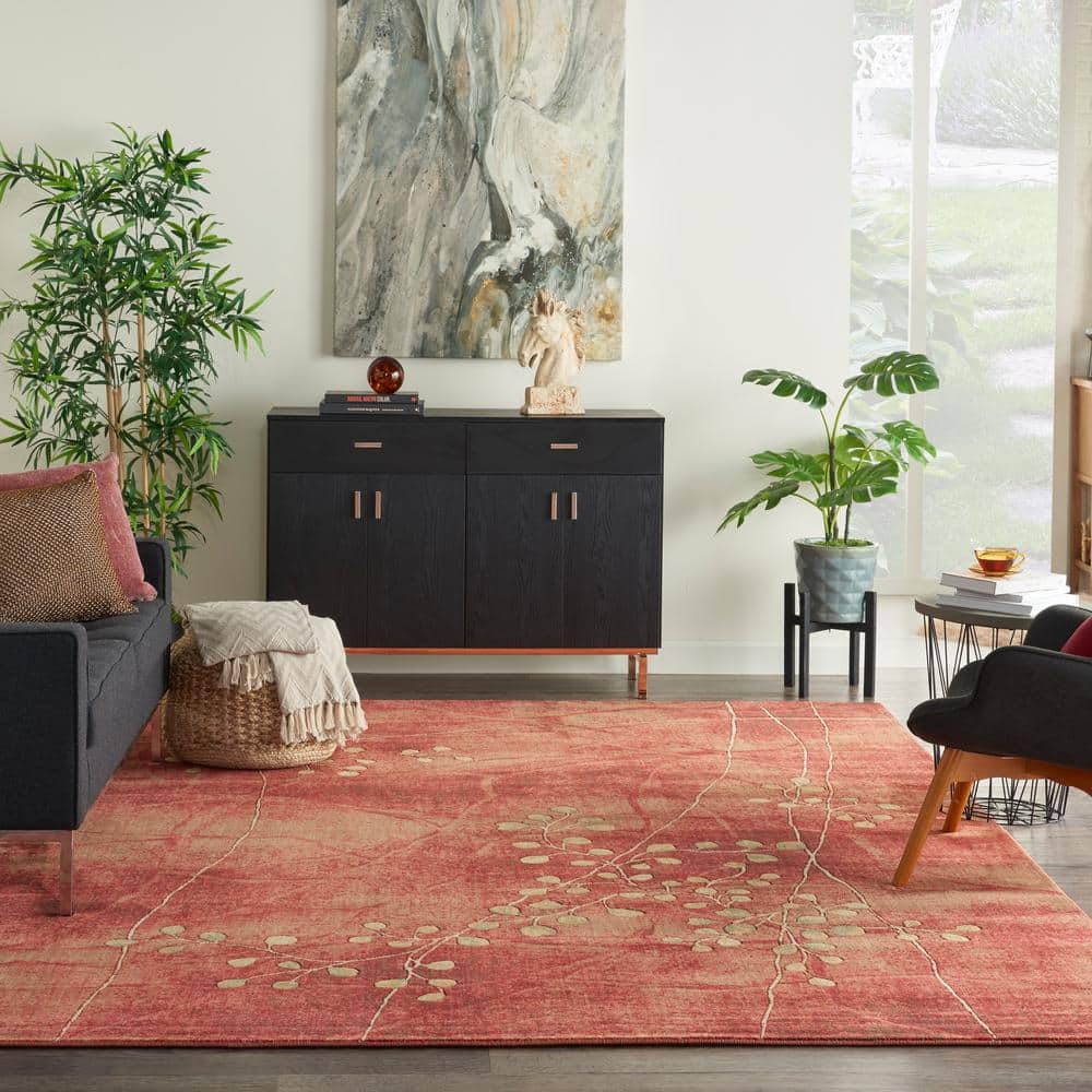 Flame Red and Brown Synthetic Medium Rectangular Rug