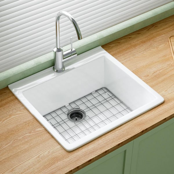 Kitchen Sink 24 in. Drop in Single Bowl White Fireclay Kitchen 1-Faucet Hole and Bottom Grid with Strainer