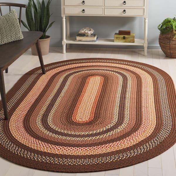 Braided Brown/Light Brown 8 ft. x 10 ft. Machine Washable Border Geometric Oval Area Rug
