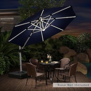 10 ft. Octagon Aluminum Solar Powered LED Patio Outdoor Large Cantilever Umbrella Heavy-Duty Sun Umbrella in Navy Blue