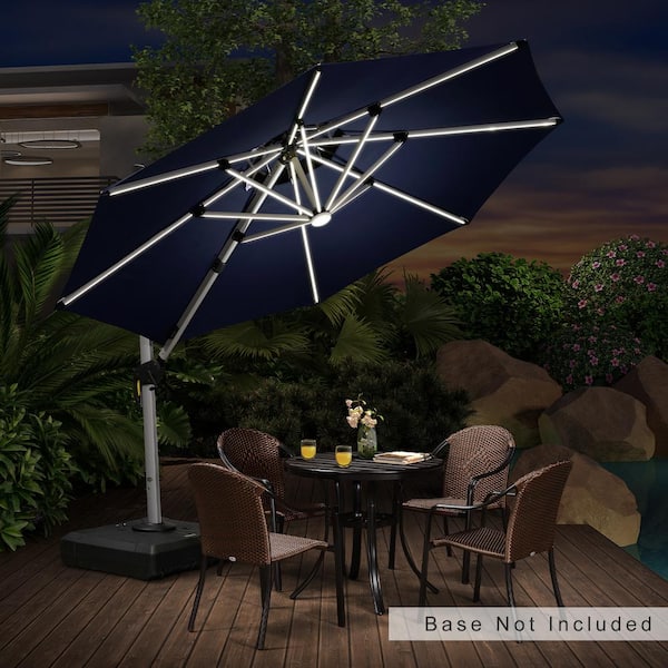PURPLE LEAF 10 ft. Octagon Aluminum Solar Powered LED Patio Outdoor Large Cantilever Umbrella Heavy-Duty Sun Umbrella in Navy Blue
