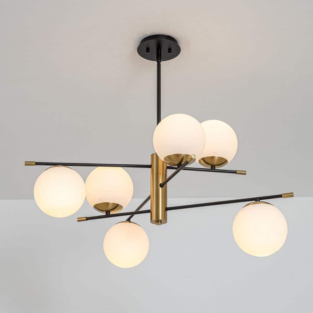 30.7 in. 6-Light Mid-Century Modern Matte Black and Brass Sputnik Branch Linear Globe Chandelier with Opal Glass Shades price history on PriceWatchPro