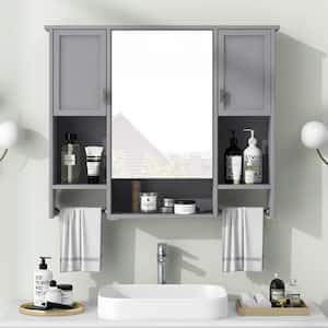 35 in. W x 6.7 in. D x 28.7 in. H Bathroom Storage Wall Cabinet in Gray with Mirror and Towels Bar