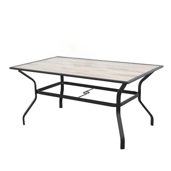 Otryad Rectangular Wood 28.75 in. Outdoor Dining Table Waterproof Patio Picnic Table with Umbrella Hole (Beige and Black)