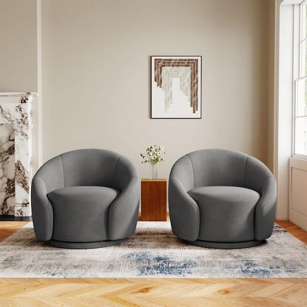 Gray Velvet Upholstered 360° Swivel Accent Barrel Chair (Set of 2)