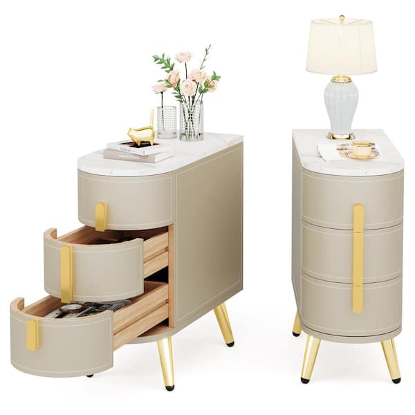 BYBLIGHT Kerlin 10.63 in. 2-Piece Gray and Gold U-Shaped Faux Marble Side Table Cabinet End Side Table with 3-Drawer Storage
