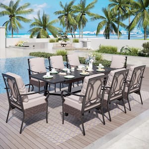9-Piece Metal Patio Outdoor Dining Set with Black Rectangle Extendable Table and Chairs with Beige Cushions