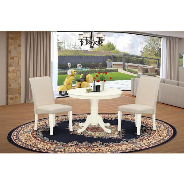East West Furniture 3-Piece Round Linen White Finish Solid Wood Top-Dining Room Set-Seats 4